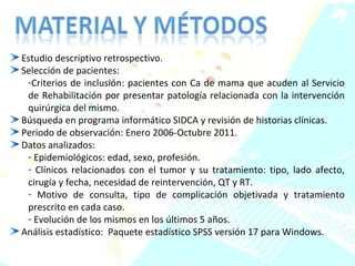 Estudio descriptivo retrospectivo. Selección de pacientes:  Criterios de inclusión: pacientes con Ca de mama que acuden al Servicio de Rehabilitación por presentar patología relacionada con la intervención quirúrgica del mismo.  Búsqueda en programa informático SIDCA y revisión de historias clínicas. Periodo de observación: Enero 2006-Octubre 2011. Datos analizados: Epidemiológicos: edad, sexo, profesión. Clínicos relacionados con el tumor y su tratamiento: tipo, lado afecto, cirugía y fecha, necesidad de reintervención, QT y RT.  Motivo de consulta, tipo de complicación objetivada y tratamiento prescrito en cada caso. Evolución de los mismos en los últimos 5 años. Análisis estadístico:  Paquete estadístico SPSS versión 17 para Windows. 
