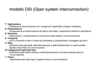 modello OSI (Open system interconnection)‏ 7 / Applicazione  Interfaccia di comunicazione con i programmi (Application program interface). 6 / Presentazione  Composizione e trasformazione dei dati a vario titolo, compresa la cifratura e decifratura. 5 / Sessione  Instaurazione, mantenimento e conclusione delle sessioni di comunicazione. 4 / Trasporto  Invio e ricezione di dati in modo da controllare e, possibilmente, correggere gli errori. 3 / Rete  Definizione dei pacchetti, dell'indirizzamento e dell'instradamento in modo astratto  rispetto al tipo fisico di comunicazione. 2/ Collegamento dati (data link)  Definizione delle trame (frame) e dell'indirizzamento in funzione del tipo fisico di   comunicazione. 1 / Fisico  Trasmissione dei dati lungo il supporto fisico di comunicazione. 