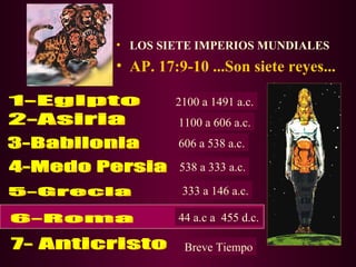 • LOS SIETE IMPERIOS MUNDIALES
• AP. 17:9-10 ...Son siete reyes...

         2100 a 1491 a.c.
         1100 a 606 a.c.
         606 a 538 a.c.
          538 a 333 a.c.

          333 a 146 a.c.

         44 a.c a 455 d.c.

           Breve Tiempo
 