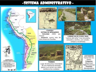-SISTEMA ADMINISTRATIVO -

-CHASQUISISTEMA DE MENSAJEROS
Velocidad:
200m
por
minuto
- Distancia: nunca más de
2km.Vivían en Chucllas.

TAMBOS

Lugar de descanso, Constaban
de una habitación techada,
patios y un corral. Los indios
tamberos los cuidaban

CAMINO INCAS (CAPAC ÑAN)
“camino del señor” eran de piedra,
cómodos y anchos, con canales,
rampas y escalinatas

LOS PUENTES
Fueron de tres
clases:
Colgantes
(Apurímac)
Fijos (Huatanay)
Flotantes
(Desaguadero)

 