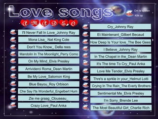 Love songs Om te spelen Klik op I'll Never Fall In Love_Johnny Ray Mona Lisa_ Nat King Cole Don't You Know_ Della rees Mandolin In The Moonlight_Perry Como On My Mind_Elvis Presley Arrividerci Roma_Dean Martin Be My Love_Salomon King Blue Bayou_Roy Orbison Che Say I'ts Wonderful_Engelbert Hum Zie me graag_Clouseau_ Crazy Love_Paul Anka Cry_Johnny Ray In The Chapel in the_Dean Martin Et Maintenant_Gilbert Becaud How Deep Is Your love_The Bee Gees I Believe_Johnny Ray It's The time To Cry_Paul Anka Love Me Tender_Elvis Presley Thre's a sprkle in your_Helmut Lotti Crying In The Rain_The Everly Brothers Sentimental Me_Elvis Presley I'm Sorry_Brende Lee The Most Beautiful Girl_Charlie Rich 