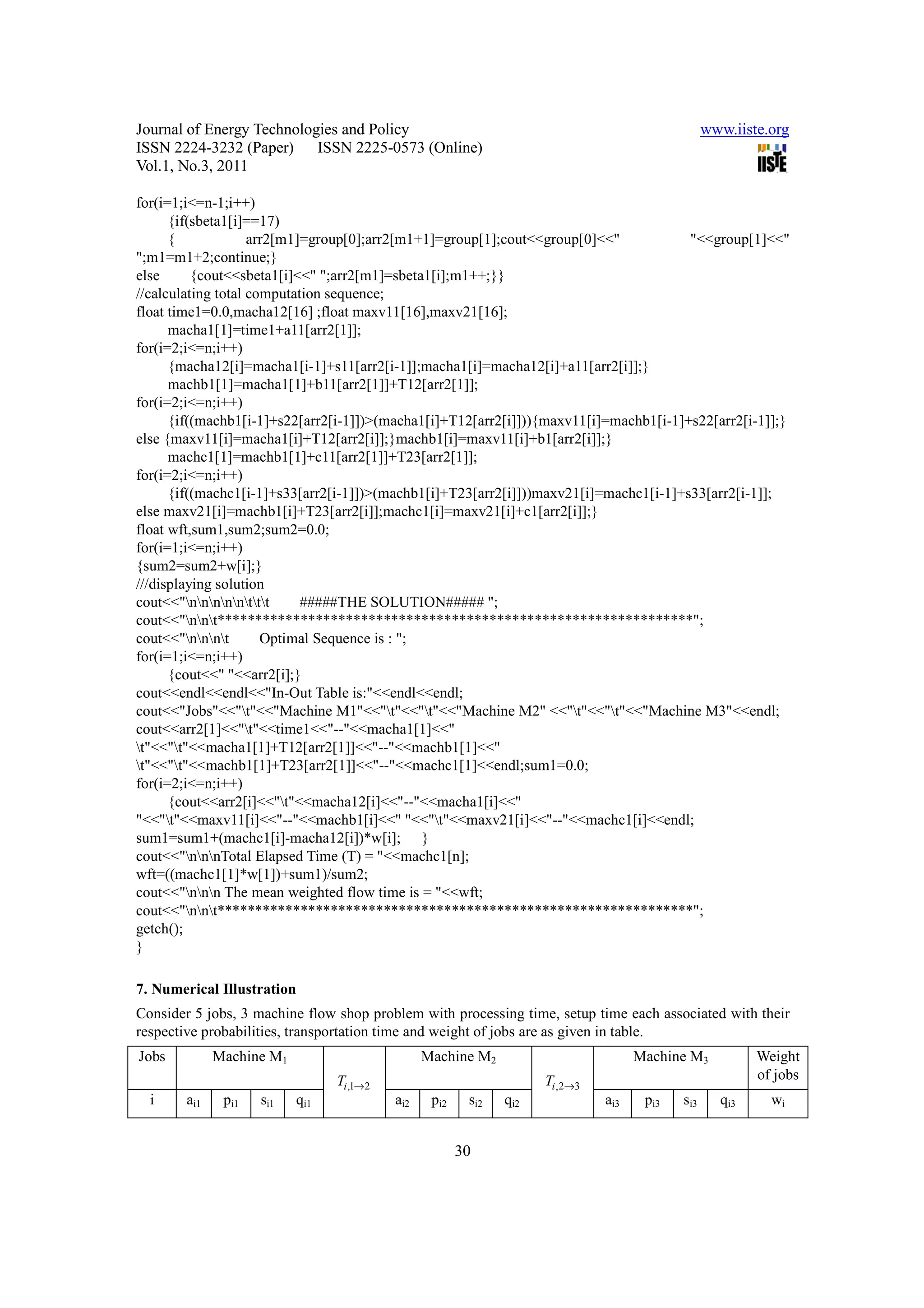 Journal of Energy Technologies and Policy                                                         www.iiste.org
ISSN 2224-3232 (Paper) ISSN 2225-0573 (Online)
Vol.1, No.3, 2011

for(i=1;i<=n-1;i++)
      {if(sbeta1[i]==17)
      {             arr2[m1]=group[0];arr2[m1+1]=group[1];cout<<group[0]<<"            "<<group[1]<<"
";m1=m1+2;continue;}
else      {cout<<sbeta1[i]<<" ";arr2[m1]=sbeta1[i];m1++;}}
//calculating total computation sequence;
float time1=0.0,macha12[16] ;float maxv11[16],maxv21[16];
      macha1[1]=time1+a11[arr2[1]];
for(i=2;i<=n;i++)
      {macha12[i]=macha1[i-1]+s11[arr2[i-1]];macha1[i]=macha12[i]+a11[arr2[i]];}
      machb1[1]=macha1[1]+b11[arr2[1]]+T12[arr2[1]];
for(i=2;i<=n;i++)
      {if((machb1[i-1]+s22[arr2[i-1]])>(macha1[i]+T12[arr2[i]])){maxv11[i]=machb1[i-1]+s22[arr2[i-1]];}
else {maxv11[i]=macha1[i]+T12[arr2[i]];}machb1[i]=maxv11[i]+b1[arr2[i]];}
      machc1[1]=machb1[1]+c11[arr2[1]]+T23[arr2[1]];
for(i=2;i<=n;i++)
      {if((machc1[i-1]+s33[arr2[i-1]])>(machb1[i]+T23[arr2[i]]))maxv21[i]=machc1[i-1]+s33[arr2[i-1]];
else maxv21[i]=machb1[i]+T23[arr2[i]];machc1[i]=maxv21[i]+c1[arr2[i]];}
float wft,sum1,sum2;sum2=0.0;
for(i=1;i<=n;i++)
{sum2=sum2+w[i];}
///displaying solution
cout<<"nnnnnttt     #####THE SOLUTION##### ";
cout<<"nnt***************************************************************";
cout<<"nnnt       Optimal Sequence is : ";
for(i=1;i<=n;i++)
      {cout<<" "<<arr2[i];}
cout<<endl<<endl<<"In-Out Table is:"<<endl<<endl;
cout<<"Jobs"<<"t"<<"Machine M1"<<"t"<<"t"<<"Machine M2" <<"t"<<"t"<<"Machine M3"<<endl;
cout<<arr2[1]<<"t"<<time1<<"--"<<macha1[1]<<"
t"<<"t"<<macha1[1]+T12[arr2[1]]<<"--"<<machb1[1]<<"
t"<<"t"<<machb1[1]+T23[arr2[1]]<<"--"<<machc1[1]<<endl;sum1=0.0;
for(i=2;i<=n;i++)
      {cout<<arr2[i]<<"t"<<macha12[i]<<"--"<<macha1[i]<<"
"<<"t"<<maxv11[i]<<"--"<<machb1[i]<<" "<<"t"<<maxv21[i]<<"--"<<machc1[i]<<endl;
sum1=sum1+(machc1[i]-macha12[i])*w[i]; }
cout<<"nnnTotal Elapsed Time (T) = "<<machc1[n];
wft=((machc1[1]*w[1])+sum1)/sum2;
cout<<"nnn The mean weighted flow time is = "<<wft;
cout<<"nnt***************************************************************";
getch();
}

7. Numerical Illustration
Consider 5 jobs, 3 machine flow shop problem with processing time, setup time each associated with their
respective probabilities, transportation time and weight of jobs are as given in table.
Jobs          Machine M1                         Machine M2                          Machine M3           Weight
                                 Ti ,1→2                             Ti ,2→3                              of jobs
  i     ai1    pi1   si1   qi1             ai2    pi2    si2   qi2             ai3    pi3   si3     qi3     wi


                                                        30
 