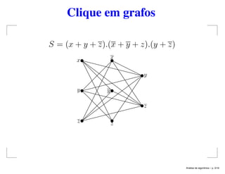 Clique em grafos
S = (x + y + z).(x + y + z).(y + z)
x
y
z
x
y
z
y
z
An´alise de algoritmos – p. 3/19
 