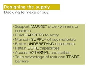 Designing the supply 
cDheaciidning to make or buy 
• Support MARKET order-winners or 
qualifiers 
• Build BARRIERS to entry 
• Maintain SUPPLY of key materials 
• Better UNDERSTAND customers 
• Retain CORE capabilities 
• Access EXTERNAL capabilities 
• Take advantage of reduced TRADE 
barriers 
 