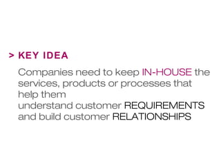 > KEY IDEA 
Companies need to keep IN-HOUSE the 
services, products or processes that 
help them 
understand customer REQUIREMENTS 
and build customer RELATIONSHIPS 
 