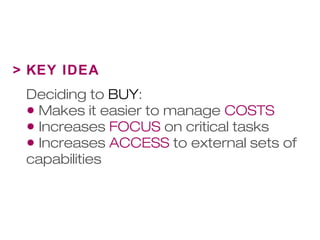 > KEY IDEA 
Deciding to BUY: 
• Makes it easier to manage COSTS 
• Increases FOCUS on critical tasks 
• Increases ACCESS to external sets of 
capabilities 
 