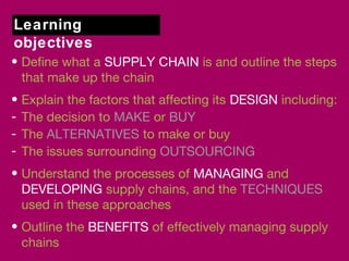 Learning 
objectives 
• Define what a SUPPLY CHAIN is and outline the steps 
that make up the chain 
• Explain the factors that affecting its DESIGN including: 
- The decision to MAKE or BUY 
- The ALTERNATIVES to make or buy 
- The issues surrounding OUTSOURCING 
• Understand the processes of MANAGING and 
DEVELOPING supply chains, and the TECHNIQUES 
used in these approaches 
• Outline the BENEFITS of effectively managing supply 
chains 
 