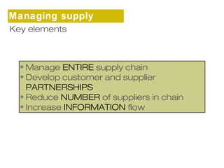 Managing supply 
cKheay ienlesments 
• Manage ENTIRE supply chain 
• Develop customer and supplier 
PARTNERSHIPS 
• Reduce NUMBER of suppliers in chain 
• Increase INFORMATION flow 
 