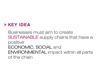 > KEY IDEA 
Businesses must aim to create 
SUSTAINABLE supply chains that have a 
positive 
ECONOMIC, SOCIAL and 
ENVIRONMENTAL impact within all parts 
of the chain 
 