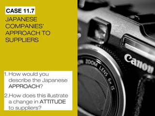 CASE 11.7 
JAPANESE 
COMPANIES’ 
APPROACH TO 
SUPPLIERS 
1.How would you 
describe the Japanese 
APPROACH? 
2.How does this illustrate 
a change in ATTITUDE 
to suppliers? 
 