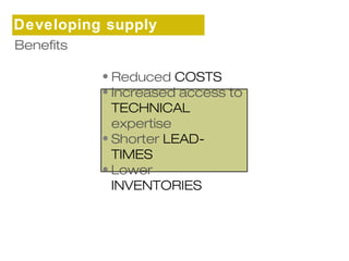 Developing supply 
cBheaneinfitss 
• Reduced COSTS 
• Increased access to 
TECHNICAL 
expertise 
• Shorter LEAD-TIMES 
• Lower 
INVENTORIES 
 
