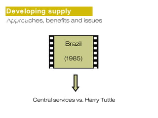 Developing supply 
chains 
Approaches, benefits and issues 
Brazil 
(1985) 
Central services vs. Harry Tuttle 
 