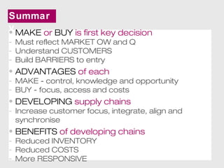 Summar 
y• MAKE or BUY is first key decision 
- Must reflect MARKET OW and Q 
- Understand CUSTOMERS 
- Build BARRIERS to entry 
• ADVANTAGES of each 
- MAKE - control, knowledge and opportunity 
- BUY - focus, access and costs 
• DEVELOPING supply chains 
- Increase customer focus, integrate, align and 
synchronise 
• BENEFITS of developing chains 
- Reduced INVENTORY 
- Reduced COSTS 
- More RESPONSIVE 
 