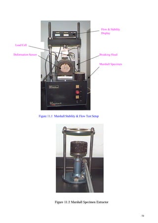 54
Figure 11.2 Marshall Specimen Extractor
Flow & Stability
Display
Marshall Specimen
Load Cell
Breaking HeadDeformation Sensor
Figure 11.1 Marshall Stability & Flow Test Setup
 