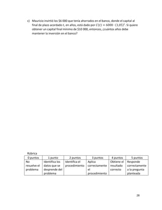 28
c) Mauricio invirtió los $6 000 que tenía ahorrados en el banco, donde el capital al
final de plazo acordado 𝑡, en años, está dado por 𝐶(𝑡) = 6000 ∙ (1,05)𝑡
. Si quiere
obtener un capital final mínimo de $10 000, entonces, ¿cuántos años debe
mantener la inversión en el banco?
Rúbrica
0 puntos 1 punto 2 puntos 3 puntos 4 puntos 5 puntos
No
resuelve el
problema
Identifica los
datos que se
desprende del
problema
Identifica el
procedimiento
Aplica
correctamente
el
procedimiento
Obtiene el
resultado
correcto
Responde
correctamente
a la pregunta
planteada
 