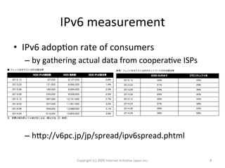 IPv6	
  measurement	
•  IPv6	
  adopOon	
  rate	
  of	
  consumers	
  
– by	
  gathering	
  actual	
  data	
  from	
  cooperaOve	
  ISPs	
  
– hdp://v6pc.jp/jp/spread/ipv6spread.phtml	
  
Copyright	
  (c)	
  2009	
  Internet	
  IniOaOve	
  Japan	
  Inc.	
 8	
 