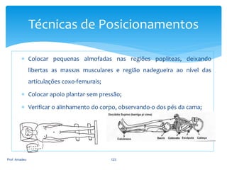 Técnicas de Posicionamentos
 Colocar pequenas almofadas nas regiões popliteas, deixando

libertas as massas musculares e região nadegueira ao nível das
articulações coxo-femurais;
 Colocar apoio plantar sem pressão;
 Verificar o alinhamento do corpo, observando-o dos pés da cama;

Prof. Amadeu

123

 
