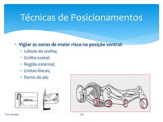 Técnicas de Posicionamentos
 Vigiar as zonas de maior risco na posição ventral:






Prof. Amadeu

Lóbulo da orelha;
Grelha costal;
Região esternal;
Cristas ilíacas;
Dorso do pé;

128

 