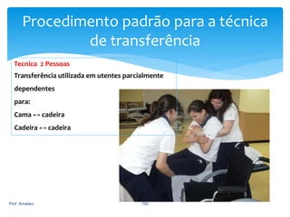 Procedimento padrão para a técnica
de transferência
Tecnica 2 Pessoas
Transferência utilizada em utentes parcialmente
dependentes

para:
Cama ↔ cadeira
Cadeira ↔ cadeira

Prof. Amadeu

152

 