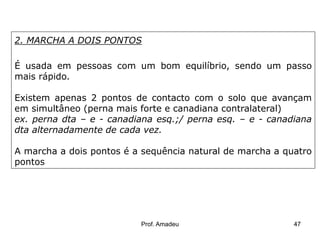 2. MARCHA A DOIS PONTOS
É usada em pessoas com um bom equilíbrio, sendo um passo
mais rápido.

Existem apenas 2 pontos de contacto com o solo que avançam
em simultâneo (perna mais forte e canadiana contralateral)
ex. perna dta – e - canadiana esq.;/ perna esq. – e - canadiana
dta alternadamente de cada vez.
A marcha a dois pontos é a sequência natural de marcha a quatro
pontos

Prof. Amadeu

47

 