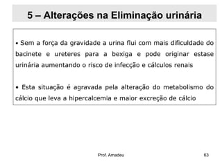 5 – Alterações na Eliminação urinária
• Sem a força da gravidade a urina flui com mais dificuldade do

bacinete e ureteres para a bexiga e pode originar estase
urinária aumentando o risco de infecção e cálculos renais
• Esta situação é agravada pela alteração do metabolismo do
cálcio que leva a hipercalcemia e maior excreção de cálcio

Prof. Amadeu

63

 