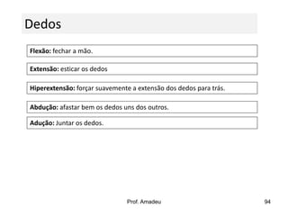 Dedos
Flexão: fechar a mão.
Extensão: esticar os dedos

Hiperextensão: forçar suavemente a extensão dos dedos para trás.
Abdução: afastar bem os dedos uns dos outros.
Adução: Juntar os dedos.

Prof. Amadeu

94

 
