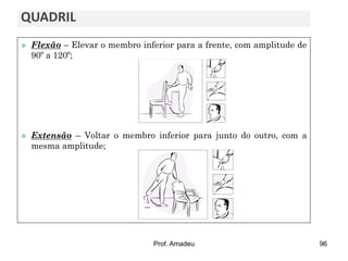QUADRIL




Flexão – Elevar o membro inferior para a frente, com amplitude de
90º a 120º;

Extensão – Voltar o membro inferior para junto do outro, com a
mesma amplitude;

Prof. Amadeu

96

 