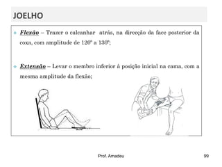 JOELHO


Flexão – Trazer o calcanhar atrás, na direcção da face posterior da
coxa, com amplitude de 120º a 130º;



Extensão – Levar o membro inferior à posição inicial na cama, com a
mesma amplitude da flexão;

Prof. Amadeu

99

 