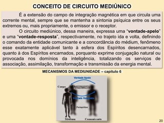 É a extensão do campo de integração magnética em que circula uma
corrente mental, sempre que se mantenha a sintonia psíquica entre os seus
extremos ou, mais propriamente, o emissor e o receptor.
O circuito mediúnico, dessa maneira, expressa uma “vontade-apelo”
e uma “vontade-resposta”, respectivamente, no trajeto ida e volta, definindo
o comando da entidade comunicante e a concordância do médium, fenômeno
esse exatamente aplicável tanto à esfera dos Espíritos desencarnados,
quanto à dos Espíritos encarnados, porquanto exprime conjugação natural ou
provocada nos domínios da inteligência, totalizando os serviços de
associação, assimilação, transformação e transmissão da energia mental.
MECANISMOS DA MEDIUNIDADE – capítulo 6
CONCEITO DE CIRCUITO MEDIÚNICO
20
 