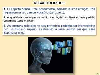 1. O Espírito pensa. Este pensamento, somado a uma emoção, fica
registrado no seu campo vibratório (perispírito);
2. A qualidade desse pensamento + emoção resultará no seu padrão
vibratório (uma média);
3. As imagens refletidas no seu perispírito poderão ser interpretadas
por um Espírito superior sinalizando a faixa mental em que esse
Espírito se situa.
RECAPITULANDO...
23
 