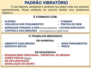 PADRÃO VIBRATÓRIO
O TRABALHO MEDIÚNICO
EM HARMONIA:
- AMBIENTE EQUILIBRADO - BONS PENSAMENTOS
- RESPEITO MÚTUO - PRECE
EM DESARMONIA:
- DESEQUILÍBRIO EMOCIONAL / ESPIRITUAL NO MÉDIUM
- DORES FÍSICAS (fluidos)
- MÁ INFLUENCIAÇÃO
- DISSOLUÇÃO DO GRUPO
É FORMADO COM:
- ALEGRIA - OTIMISMO
- VIGILÂNCIA NOS PENSAMENTOS - PRÁTICA DO BEM
- SERIEDADE PERANTE A VIDA (responsabilidade) - LEITURA EDIFICANTE
- CONTROLE DAS EMOÇÕES (nos proporciona a saúde física)
O que falamos, pensamos e sentimos nos dizem onde nos situamos
espiritualmente. Nosso ambiente de convívio familiar e/ou profissional
registra-o.
7
 