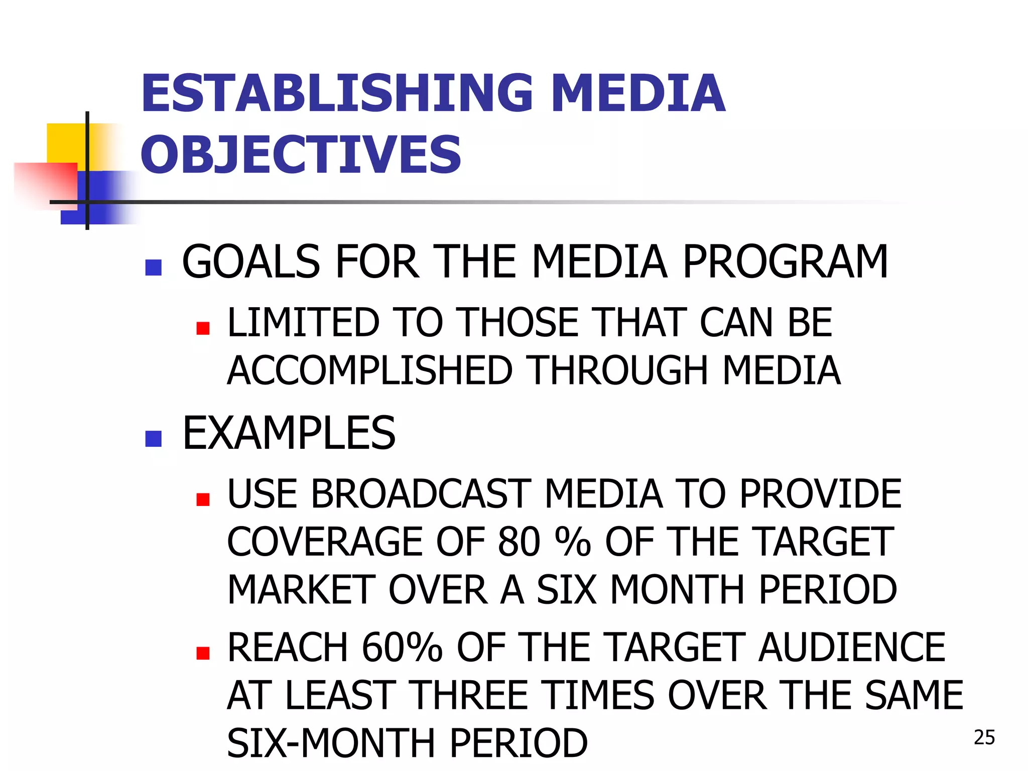 25
ESTABLISHING MEDIA
OBJECTIVES
 GOALS FOR THE MEDIA PROGRAM
 LIMITED TO THOSE THAT CAN BE
ACCOMPLISHED THROUGH MEDIA
 EXAMPLES
 USE BROADCAST MEDIA TO PROVIDE
COVERAGE OF 80 % OF THE TARGET
MARKET OVER A SIX MONTH PERIOD
 REACH 60% OF THE TARGET AUDIENCE
AT LEAST THREE TIMES OVER THE SAME
SIX-MONTH PERIOD
 