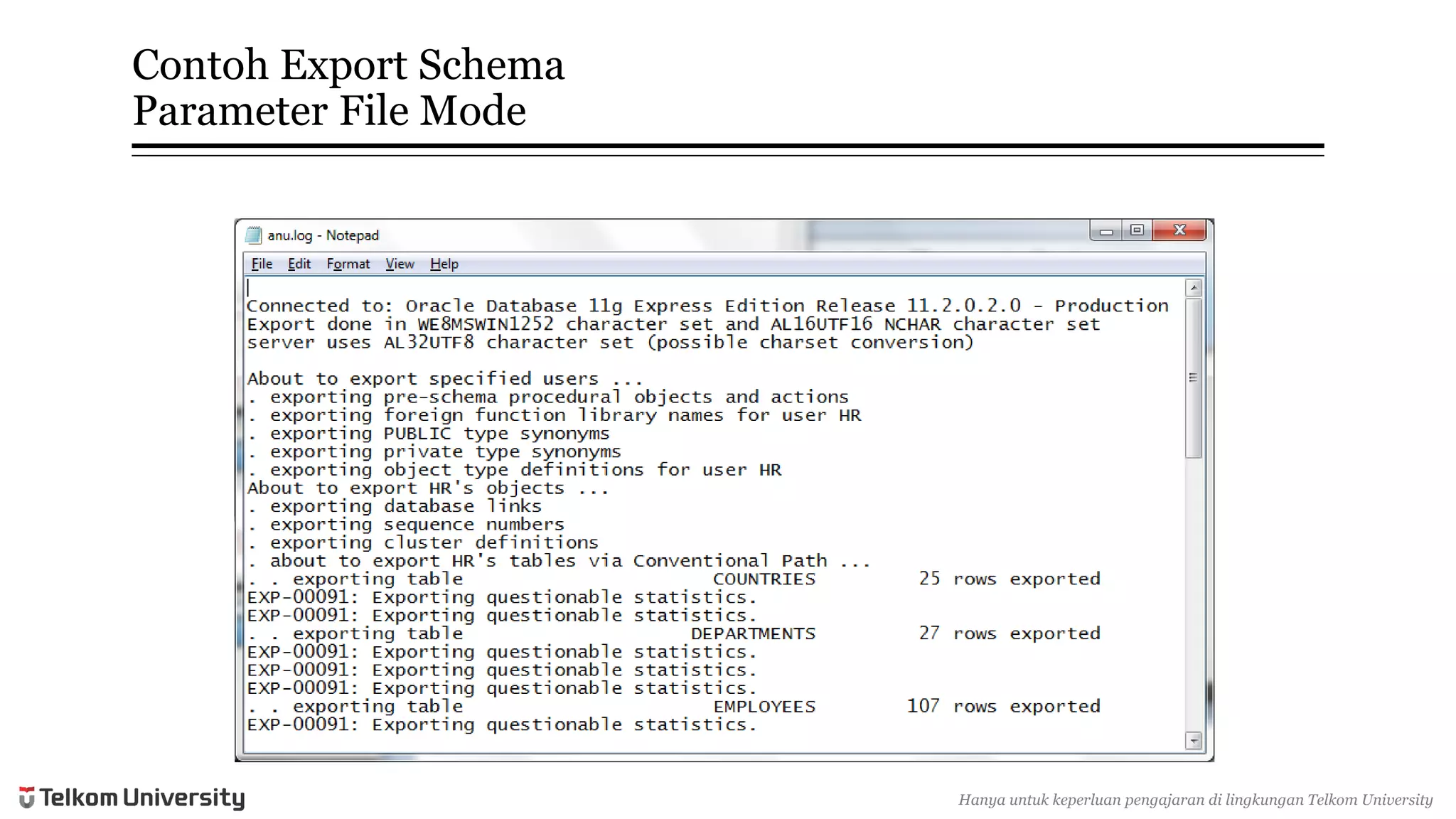 ContohExport SchemaParameter File Mode 
Hanyauntukkeperluan pengajarandi lingkunganTelkomUniversity  