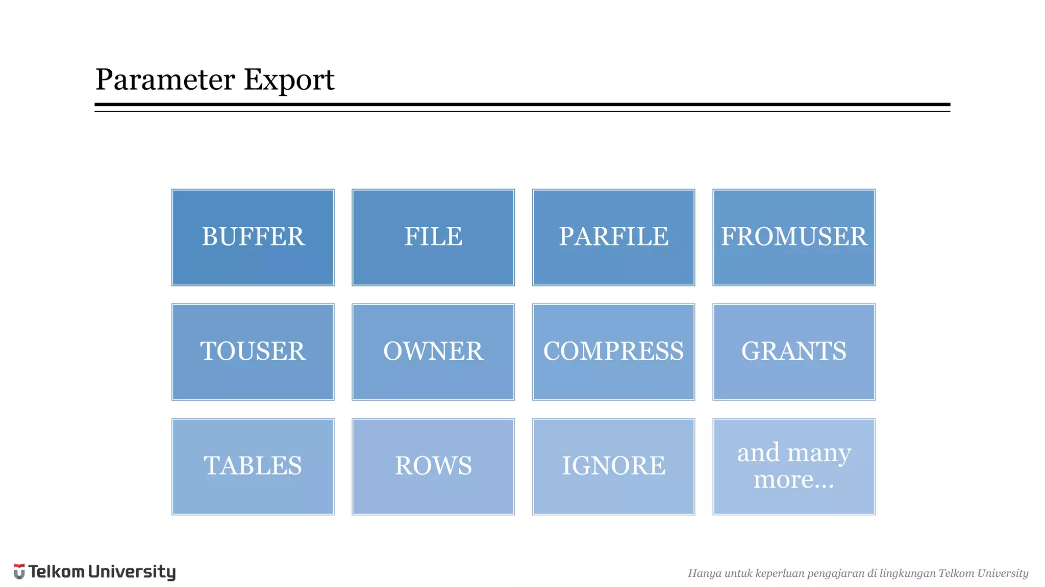 Parameter Export 
BUFFER 
FILE 
PARFILE 
FROMUSER 
TOUSER 
OWNER 
COMPRESS 
GRANTS 
TABLES 
ROWS 
IGNORE 
and many more… 
Hanyauntukkeperluan pengajarandi lingkunganTelkomUniversity  