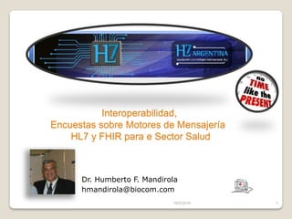 29/5/2016 1
Dr. Humberto F. Mandirola
hmandirola@biocom.com
Interoperabilidad,
Encuestas sobre Motores de Mensajería
HL7 y FHIR para e Sector Salud
 