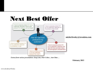 Next Best Offer
michel.bruley@teradata.com

Extract from various presentations: Seng Loke, Peter Csikos , Aster Data …

February 2013

www.decideo.fr/bruley

 