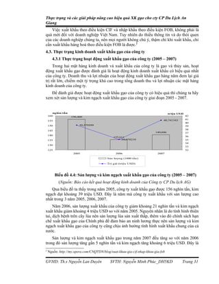 Thực trạng và các giải pháp nâng cao hiệu quả XK gạo cho cty CP Du Lịch An
Giang
   Việc xuất khẩu theo điều kiện CIF và nhập khẩu theo điều kiện FOB, không phải là
quá mới đối với doanh nghiệp Việt Nam. Tuy nhiên do thiếu thông tin và do thói quen
của các doanh nghiệp chúng ta, nên mọi người không chú ý, thậm chí khi xuất khẩu, chỉ
cần xuất khẩu hàng hoá theo điều kiện FOB là được.2
4.3. Thực trạng kinh doanh xuất khẩu gạo của công ty
      4.3.1 Thực trạng hoạt động xuất khẩu gạo của công ty (2005 – 2007)
     Trong hai mặt hàng kinh doanh và xuất khẩu của công ty là gạo và thủy sản, hoạt
động xuất khẩu gạo được đánh giá là hoạt động kinh doanh xuất khẩu có hiệu quả nhất
của công ty. Doanh thu và lợi nhuận của hoạt động xuất khẩu gạo hàng năm đem lại giá
trị rất lớn, chiếm một tỷ trọng khá cao trong tổng doanh thu và lợi nhuận các mặt hàng
kinh doanh của công ty.
   Để đánh giá được hoạt động xuất khẩu gạo của công ty có hiệu quả thì chúng ta hãy
xem xét sản lượng và kim ngạch xuất khẩu gạo của công ty giai đoạn 2005 - 2007.


       nghìn tấn                                                                  triệu USD
    160            156,460                                                                    42
                                                                             40,741343        41
    155
                                                                                              40
    150                 39,279299                                                             39
    145                                                                                       38
                                                                        140,606               37
    140                                                                                       36
                                             135,611
    135                                           35,078210                                   35
                                                                                              34
    130
                                                                                              33
    125                                                                                       32
                    2005                      2006                       2007

                                         Sản lượng (1000 tấn)

                                         Trị giá (triệu USD)




          Biểu đồ 4.4: Sản lượng và kim ngạch xuất khẩu gạo của công ty (2005 – 2007)
            (Nguồn: Báo cáo kết quả hoạt động kinh doanh của Công ty CP Du lịch AG)
   Qua biểu đồ ta thấy trong năm 2005, công ty xuất khẩu gạo được 156 nghìn tấn, kim
ngạch đạt khoảng 39 triệu USD. Đây là năm mà công ty xuất khẩu với sản lượng cao
nhất trong 3 năm 2005, 2006, 2007.
     Năm 2006, sản lượng xuất khẩu của công ty giảm khoảng 21 nghìn tấn và kim ngạch
xuất khẩu giảm khoảng 4 triệu USD so với năm 2005. Nguyên nhân là do tình hình thiên
tai, dịch bệnh trên cây lúa nên sản lượng lúa sản xuất thấp, thêm vào đó chính sách hạn
chế xuất khẩu gạo của Chính phủ để đảm bảo an ninh lương thực nên sản lượng và kim
ngạch xuất khẩu gạo của công ty cũng chịu ảnh hưởng tình hình xuất khẩu chung của cả
nước.
    Sản lượng và kim ngạch xuất khẩu gạo trong năm 2007 đều tăng so với năm 2006
trong đó sản lượng tăng gần 5 nghìn tấn và kim ngạch tăng khoảng 6 triệu USD. Đây là
2
    Nguồn: http://my.opera.com/CNQTDN/blog/xuat-khau-gia-cif-nhap-khau-gia-fob

GVHD: Th.s Nguyễn Lan Duyên                SVTH: Nguyễn Minh Phúc_DH5KD                   Trang 31
 