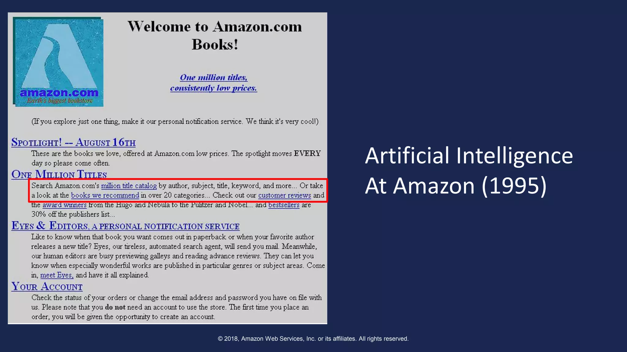© 2018, Amazon Web Services, Inc. or its affiliates. All rights reserved.
Artificial Intelligence
At Amazon (1995)
 