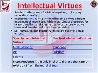 Intellectual Virtues
•  Intellect is the power of spiritual cognition, of knowing
  nonmaterial reality.
• Intellectual virtues help the mind become a more efficient
  instrument of knowledge. While moral virtues prepare us for
  heaven, intellectual virtues help us to better use what we
  know, and thereby contribute to moral virtue.
• St. Thomas Aquinas taught that there are five intellectual
  virtues.
    Speculative Intellectual      Practical Intellectual Virtues
    Virtues
    Understanding                 Prudence
    Art                           Wisdom
    Science
    Note: Prudence is the only intellectual virtue that cannot
    exist apart from the moral virtues.
 