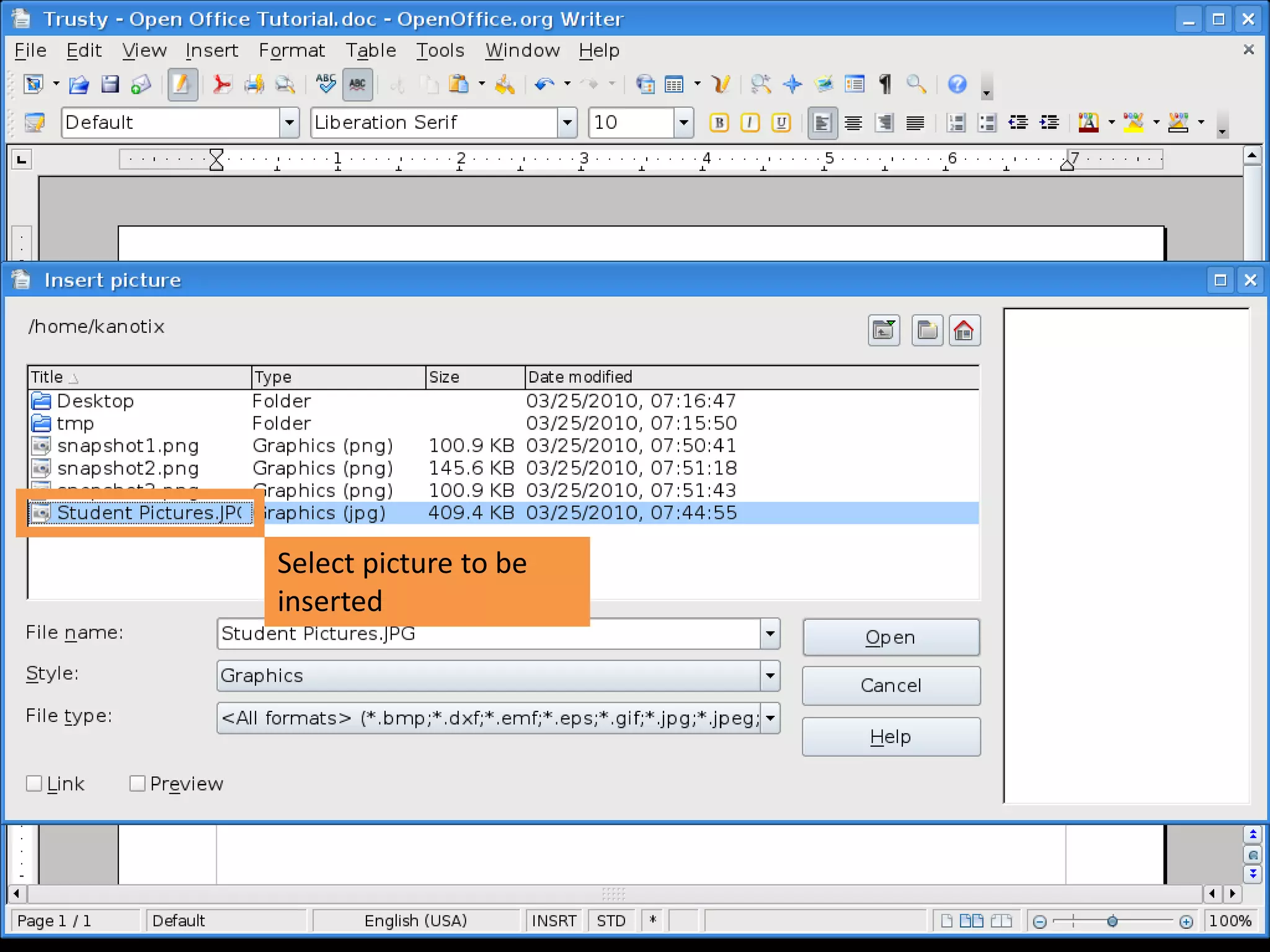 Select picture to be
inserted
 