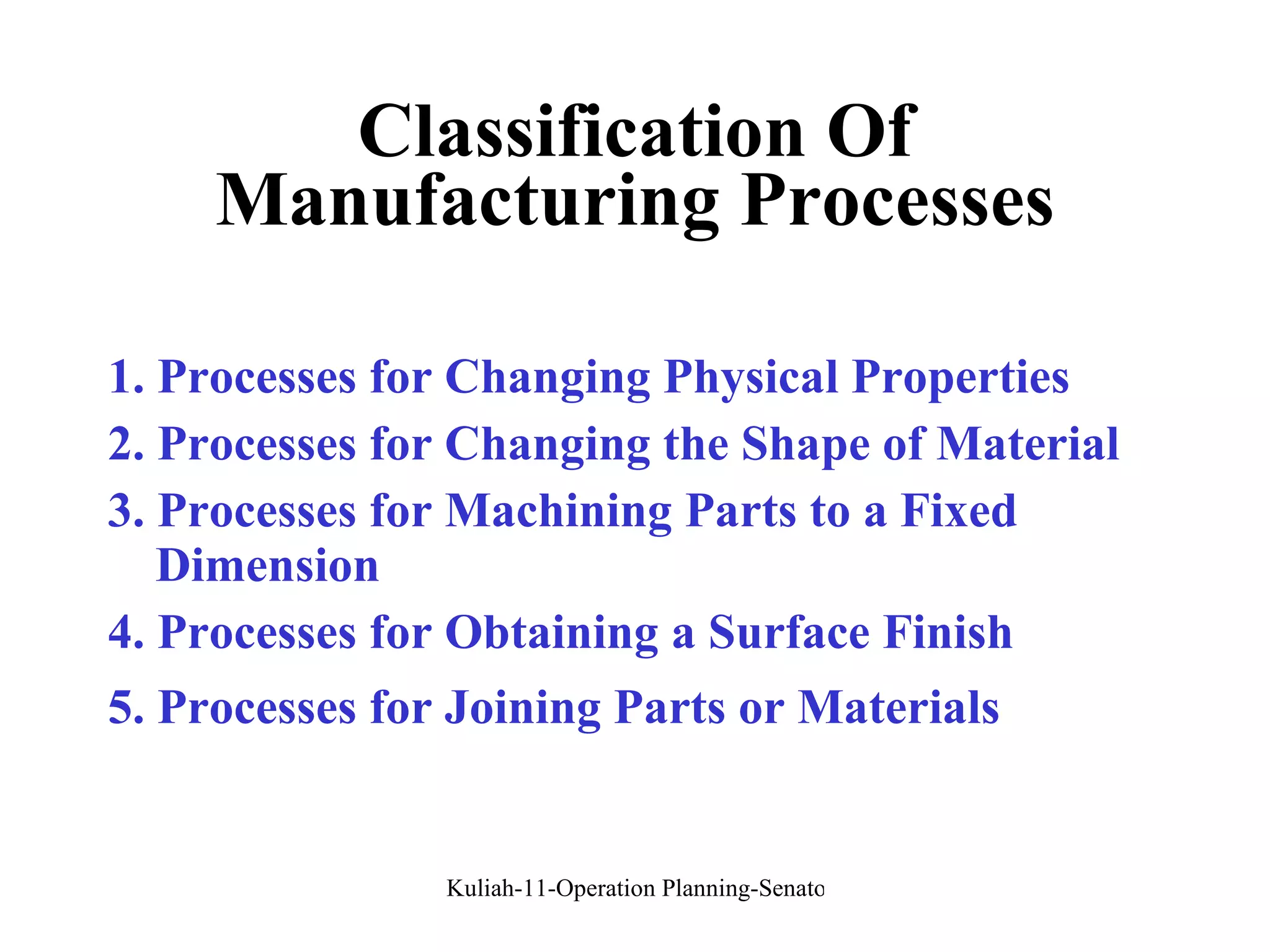 Classification Of Manufacturing Processes 1. Processes for Changing Physical Properties 2. Processes for Changing the Shape of Material 3. Processes for Machining Parts to a Fixed Dimension 4. Processes for Obtaining a Surface Finish 5. Processes for Joining Parts or Materials   