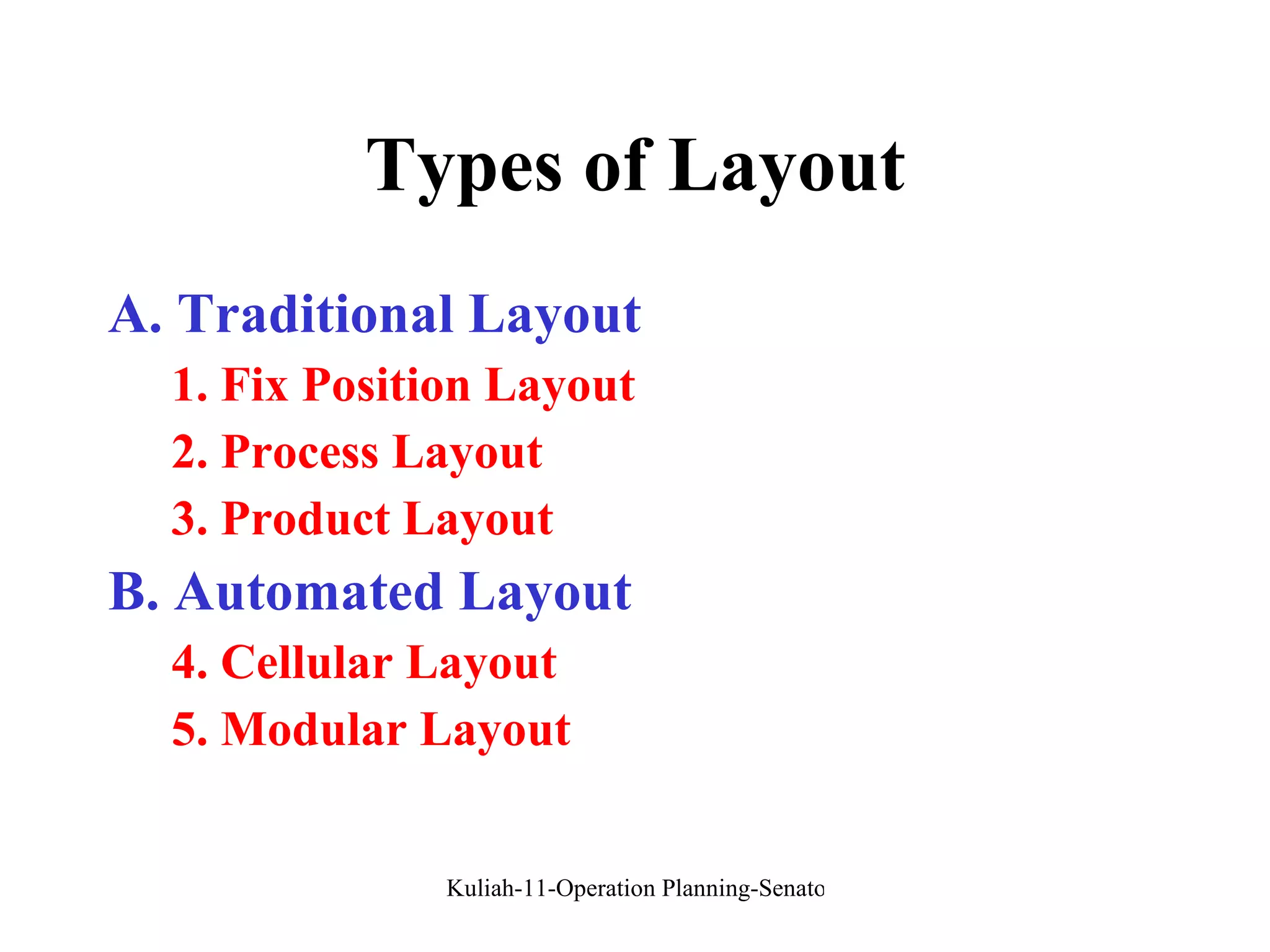 Types of Layout A. Traditional Layout 1. Fix Position Layout 2. Process Layout 3.   Product   Layout B. Automated Layout 4. Cellular Layout 5. Modular Layout 