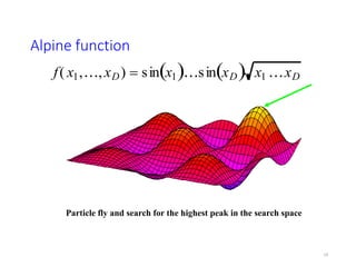 Alpine function
19
f( x1, ,xD)  sin x1
  sin xD
  x1 xD
Particle fly and search for the highest peak in the search space
 