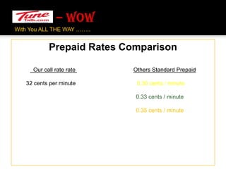 – WOW With You ALL THE WAY …….. Prepaid Rates Comparison  Our call rate rateOthers Standard Prepaid        32 cents per minute                                       0.36 cents / minute0.33 cents / minute                                                                              0.35 cents / minute