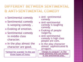 “School for scandal "in the use
three types of irony.
“Stoops to conquer” in The
three elements that are existed
in the sentimental play .
 Sentimental comedy
 Sentimental comedy
is weeping comedy .
 Evoking of emotion.
 Sentimental comedy
in middle class
character.
 In the play almost the
character are good.
 Anti -sentimental
comedy
 Anti-sentimental
comedy is laughing
comedy.
 Evoking of people
vulgarity.
 Anti-sentimental
comedy is high class
people are com.
 In the play character
almost sophisticated &
arrogant.
 