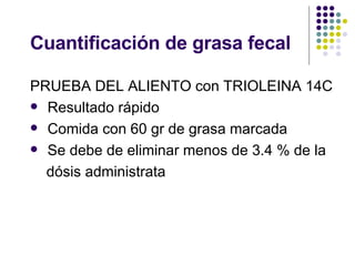 Cuantificación de grasa fecal PRUEBA DEL ALIENTO con TRIOLEINA 14C  Resultado rápido Comida con 60 gr de grasa marcada  Se debe de eliminar menos de 3.4 % de la dósis administrata 