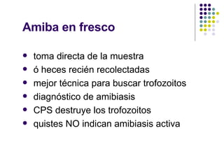 Amiba en fresco toma directa de la muestra ó heces recién recolectadas mejor técnica para buscar trofozoitos diagnóstico de amibiasis CPS destruye los trofozoitos quistes NO indican amibiasis activa 
