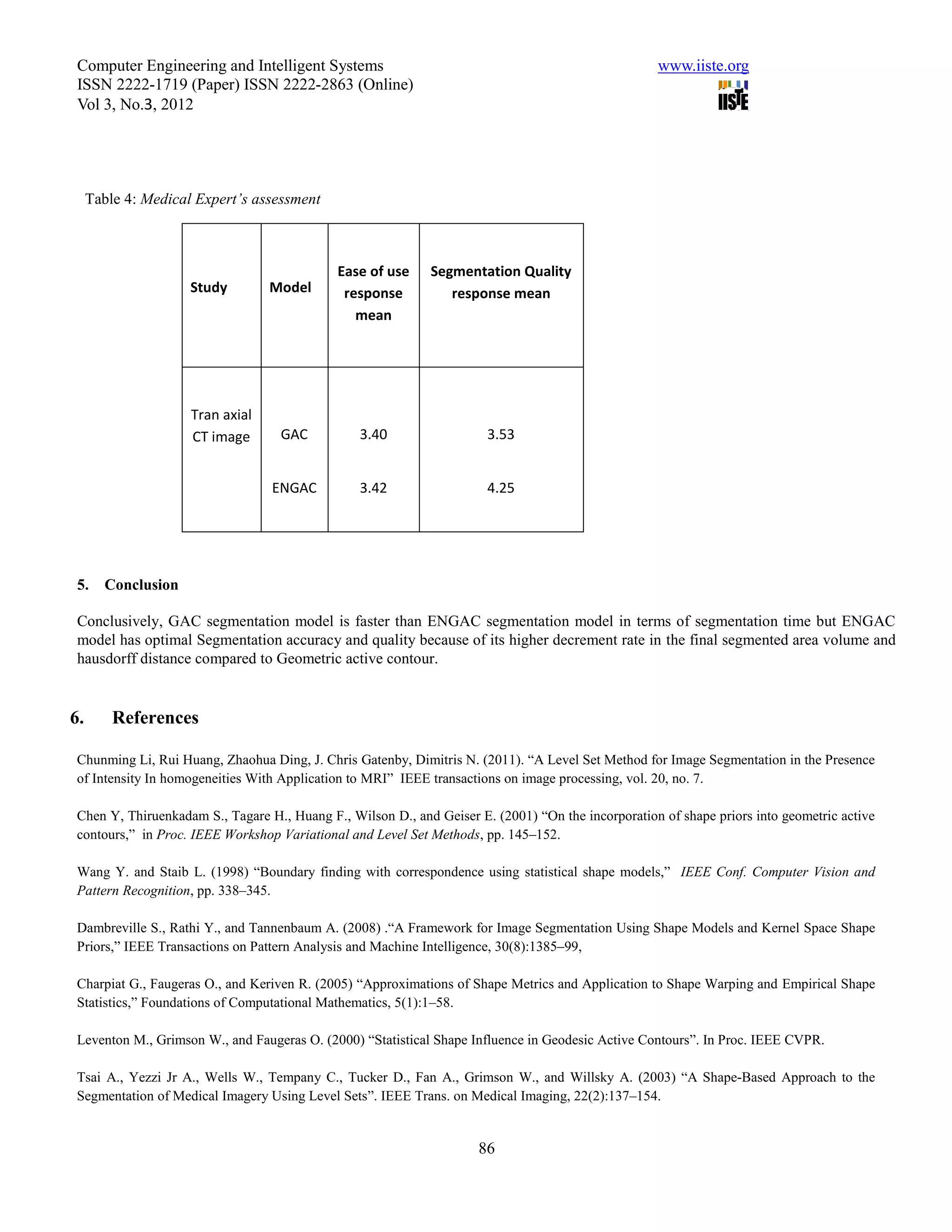 Computer Engineering and Intelligent Systems                                                      www.iiste.org
 ISSN 2222-1719 (Paper) ISSN 2222-2863 (Online)
 Vol 3, No.3, 2012




     Table 4: Medical Expert’s assessment



                                            Ease of use     Segmentation Quality
                     Study        Model      response          response mean
                                               mean




                     Tran axial
                     CT image      GAC          3.40                  3.53


                                  ENGAC         3.42                  4.25




 5.    Conclusion

 Conclusively, GAC segmentation model is faster than ENGAC segmentation model in terms of segmentation time but ENGAC
 model has optimal Segmentation accuracy and quality because of its higher decrement rate in the final segmented area volume and
 hausdorff distance compared to Geometric active contour.


6.       References

Chunming Li, Rui Huang, Zhaohua Ding, J. Chris Gatenby, Dimitris N. (2011). “A Level Set Method for Image Segmentation in the Presence
of Intensity In homogeneities With Application to MRI” IEEE transactions on image processing, vol. 20, no. 7.

Chen Y, Thiruenkadam S., Tagare H., Huang F., Wilson D., and Geiser E. (2001) “On the incorporation of shape priors into geometric active
contours,” in Proc. IEEE Workshop Variational and Level Set Methods, pp. 145–152.

Wang Y. and Staib L. (1998) “Boundary finding with correspondence using statistical shape models,” IEEE Conf. Computer Vision and
Pattern Recognition, pp. 338–345.

Dambreville S., Rathi Y., and Tannenbaum A. (2008) .“A Framework for Image Segmentation Using Shape Models and Kernel Space Shape
Priors,” IEEE Transactions on Pattern Analysis and Machine Intelligence, 30(8):1385–99,

Charpiat G., Faugeras O., and Keriven R. (2005) “Approximations of Shape Metrics and Application to Shape Warping and Empirical Shape
Statistics,” Foundations of Computational Mathematics, 5(1):1–58.

Leventon M., Grimson W., and Faugeras O. (2000) “Statistical Shape Influence in Geodesic Active Contours”. In Proc. IEEE CVPR.

Tsai A., Yezzi Jr A., Wells W., Tempany C., Tucker D., Fan A., Grimson W., and Willsky A. (2003) “A Shape-Based Approach to the
Segmentation of Medical Imagery Using Level Sets”. IEEE Trans. on Medical Imaging, 22(2):137–154.


                                                                    86
 