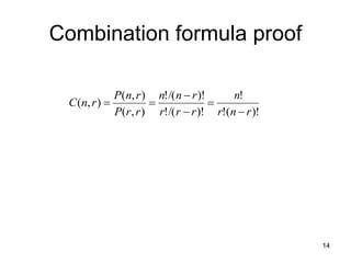 14
Combination formula proof
)!
(
!
!
)!
/(
!
)!
/(
!
)
,
(
)
,
(
)
,
(
r
n
r
n
r
r
r
r
n
n
r
r
P
r
n
P
r
n
C






 