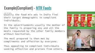 Example(Compliant) - MTR Foods
Usually the food mix ads in India find
their target demographic in compliant
individuals.
In the advertisements usually the mother of
the family is preparing any and all the
meals requested by the other family members
without hesitation.
The meal prepared is then met by
compliments and affection by everyone.
Thus appealing to compliant individuals
seeking affection and praises from others.
 